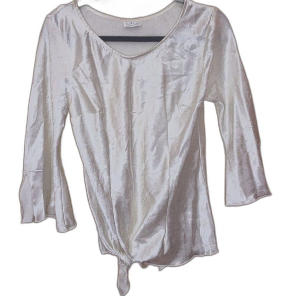 White Cream Charmeuse Silk Flare Quarter Sleeve Blouse Large